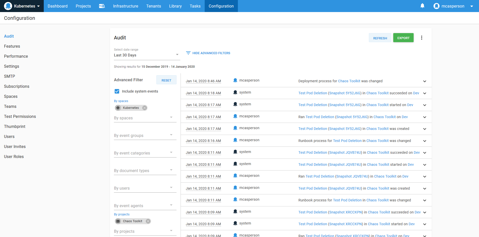 Octopus dashboard open on Configuration tab and Audit page showing audit log