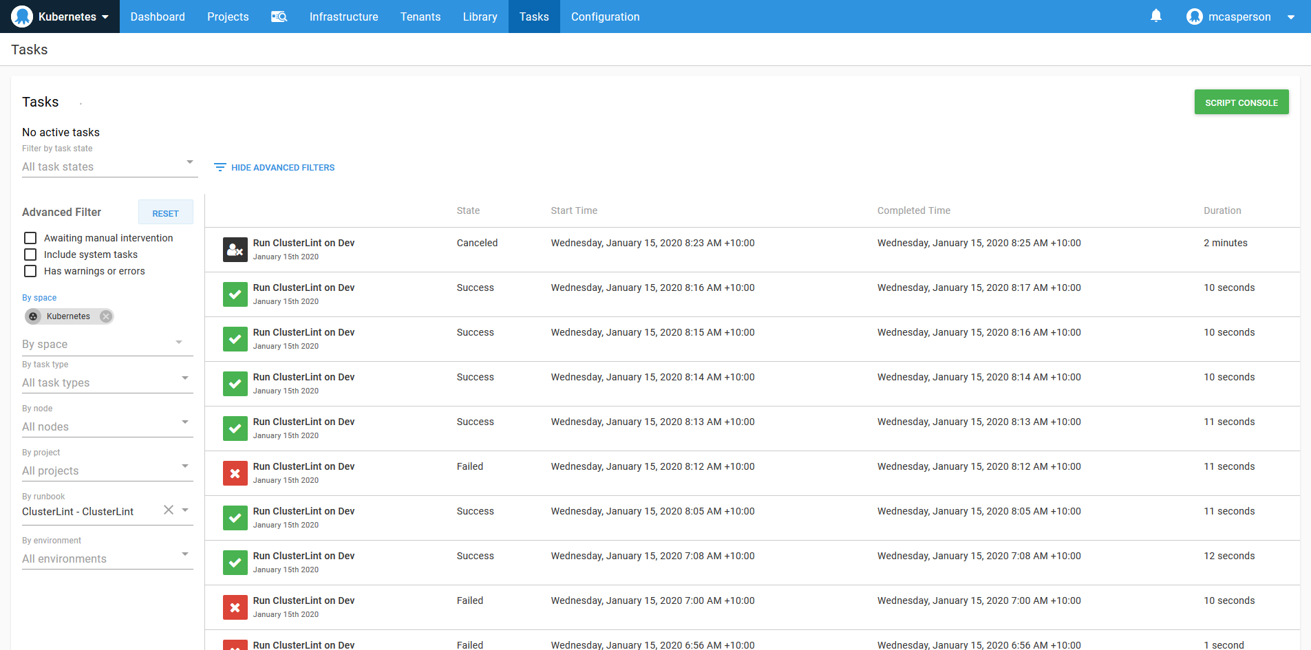 Octopus dashboard open on Tasks tab showing audit log
