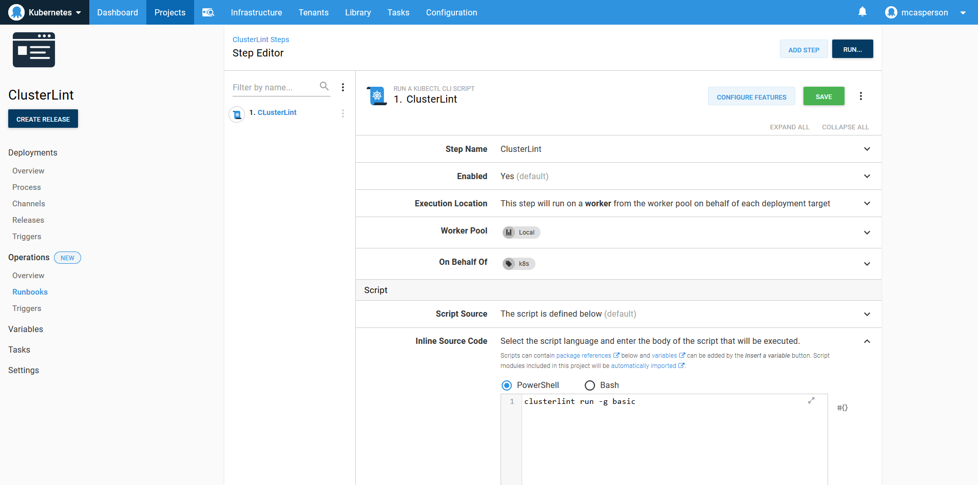 Octopus dashboard open on Projects tab and Operations Runbooks page showing ClusterLint Step Editor