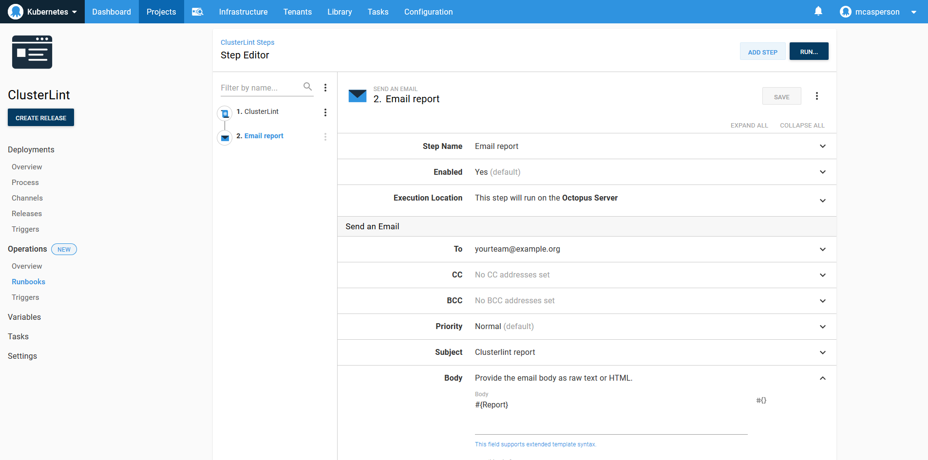 Octopus dashboard open on Projects tab and Operations Runbooks page showing Email report