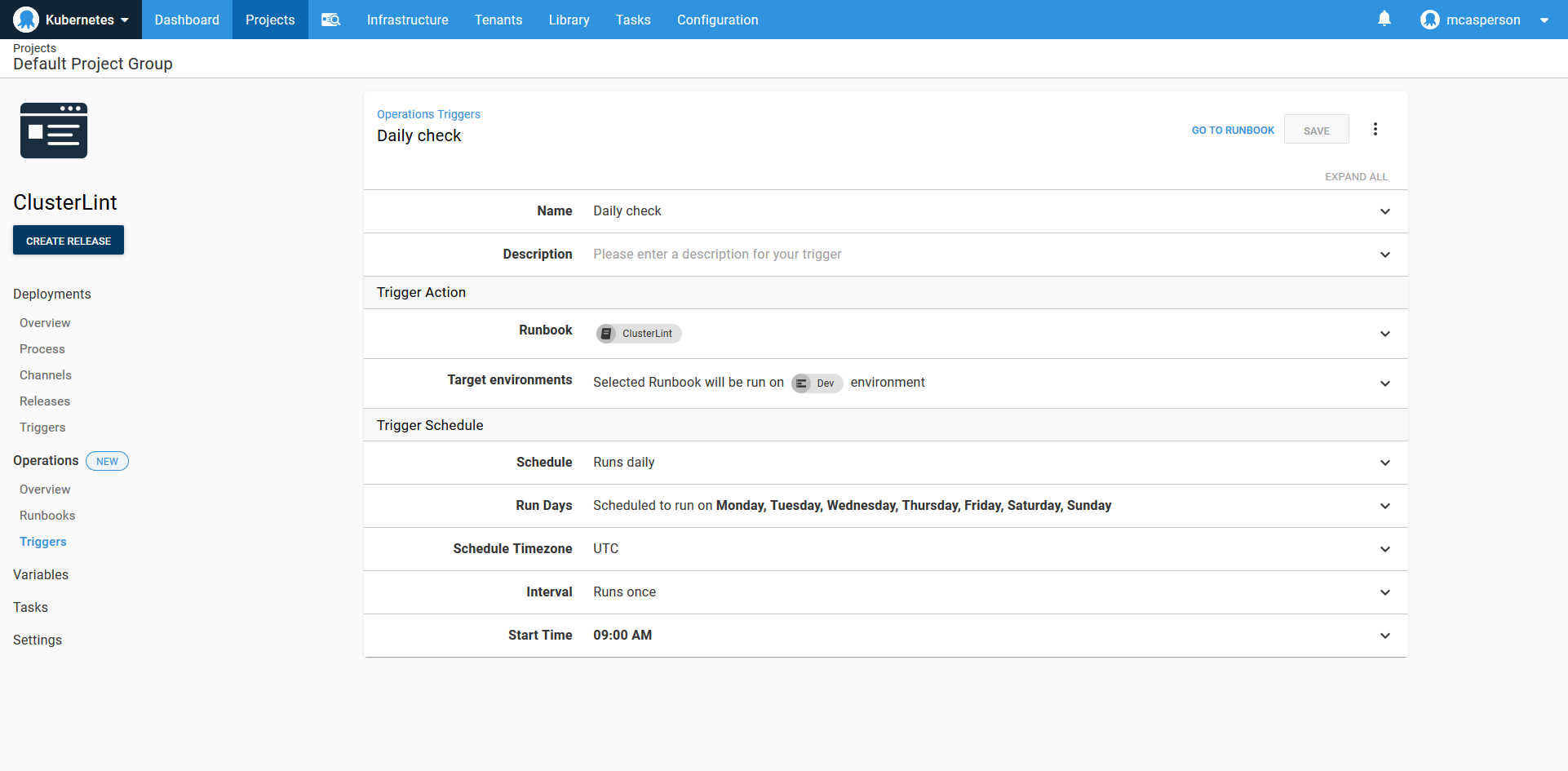 Octopus dashboard open on Projects tab and Operations Triggers page showing Daily check