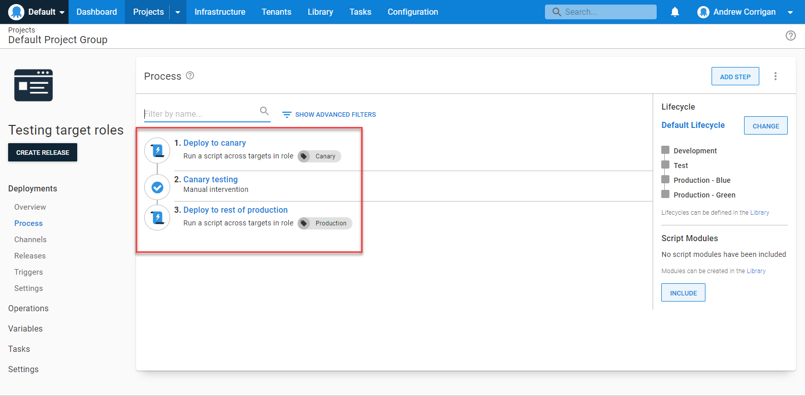 An example of a canary deployment in an Octopus deployment process