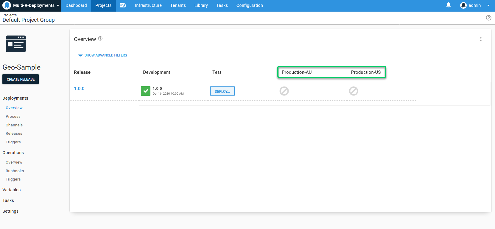Examples of a multi-region deployment using environments