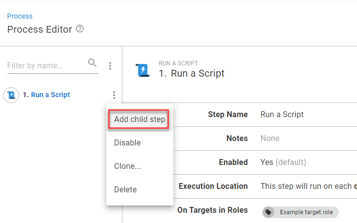 The 'Add child step' option in an Octopus deployment process