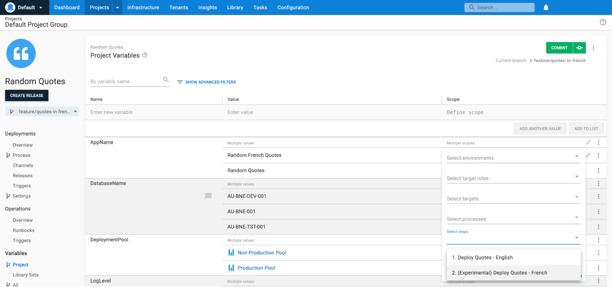 Screenshot of Octopus project variables page showing variable action scopes expanded showing 'Script for new feature' selected