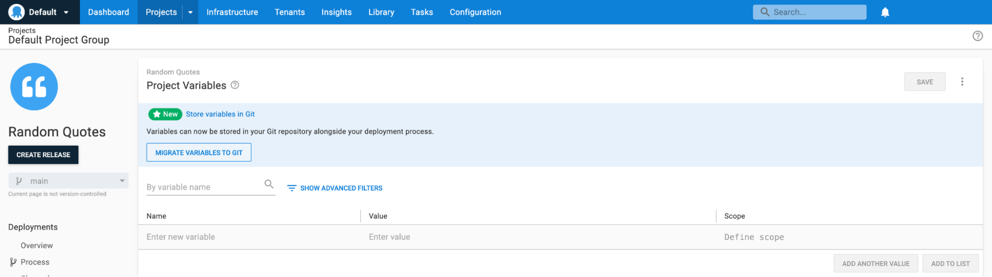 Screenshot of Octopus project variables page showing database icon to the left of masked sensitive variable placeholder