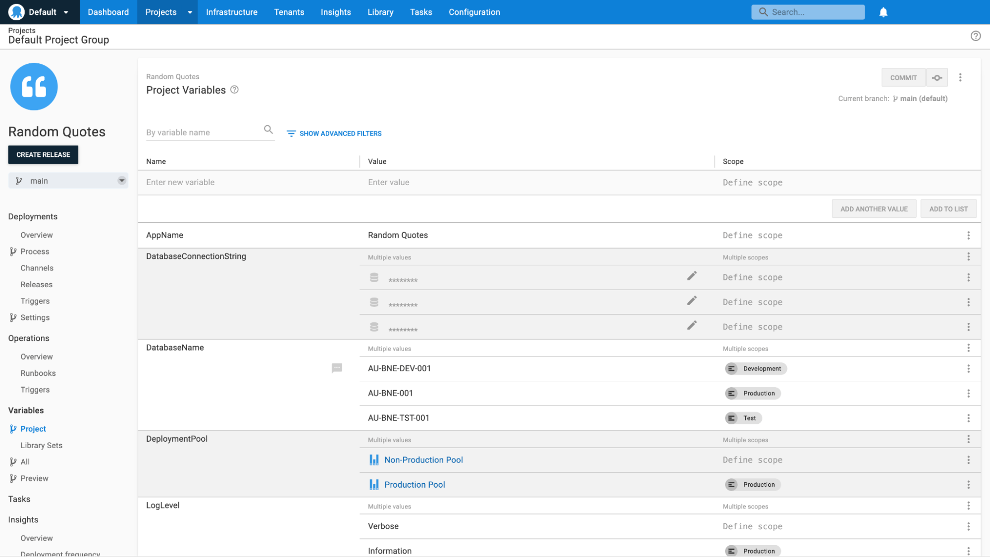 Screenshot of Octopus project variables page showing database icon to the left of masked sensitive variable placeholder