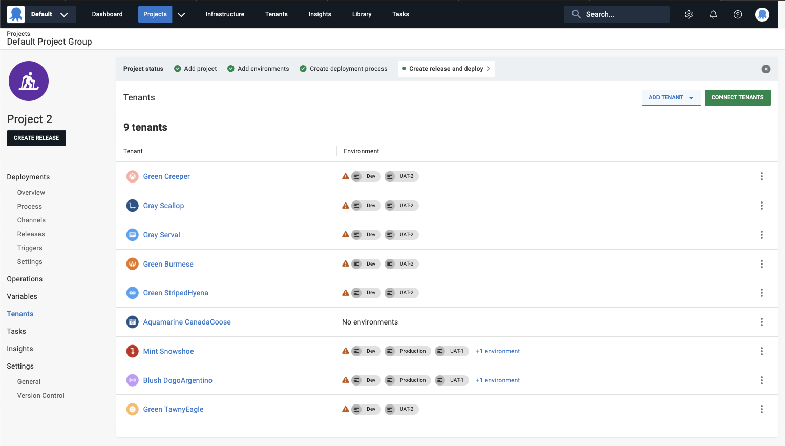 The new tenants page in the project view