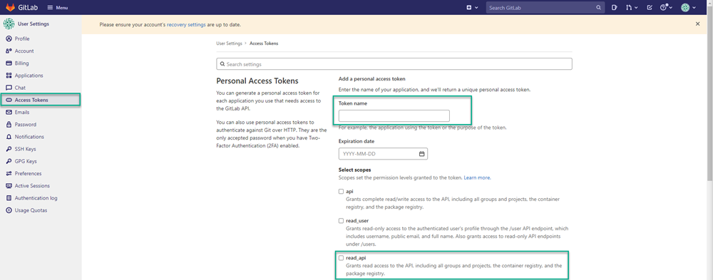 GitLab dashboard open on Access Tokens page with Token name field and read_api fields highlighted.