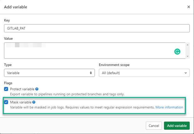 GitLab dashboard open on the Add variable section with Mask variable tick box selected and highlighted.