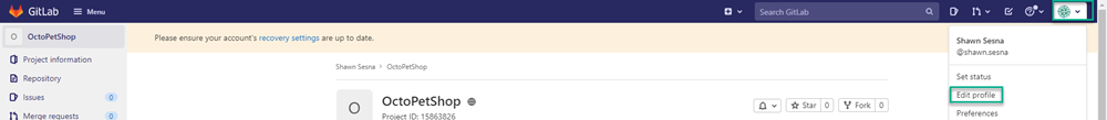 GitLab dashboard showing profile menu open and Edit profile highlighted in the drop down.