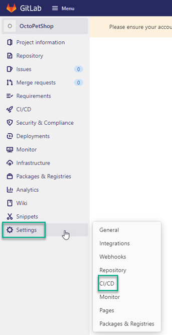 GitLab dashboard drop down menu open, with Settings highlighted and Settings drop down menu with CI?CD highlighted.