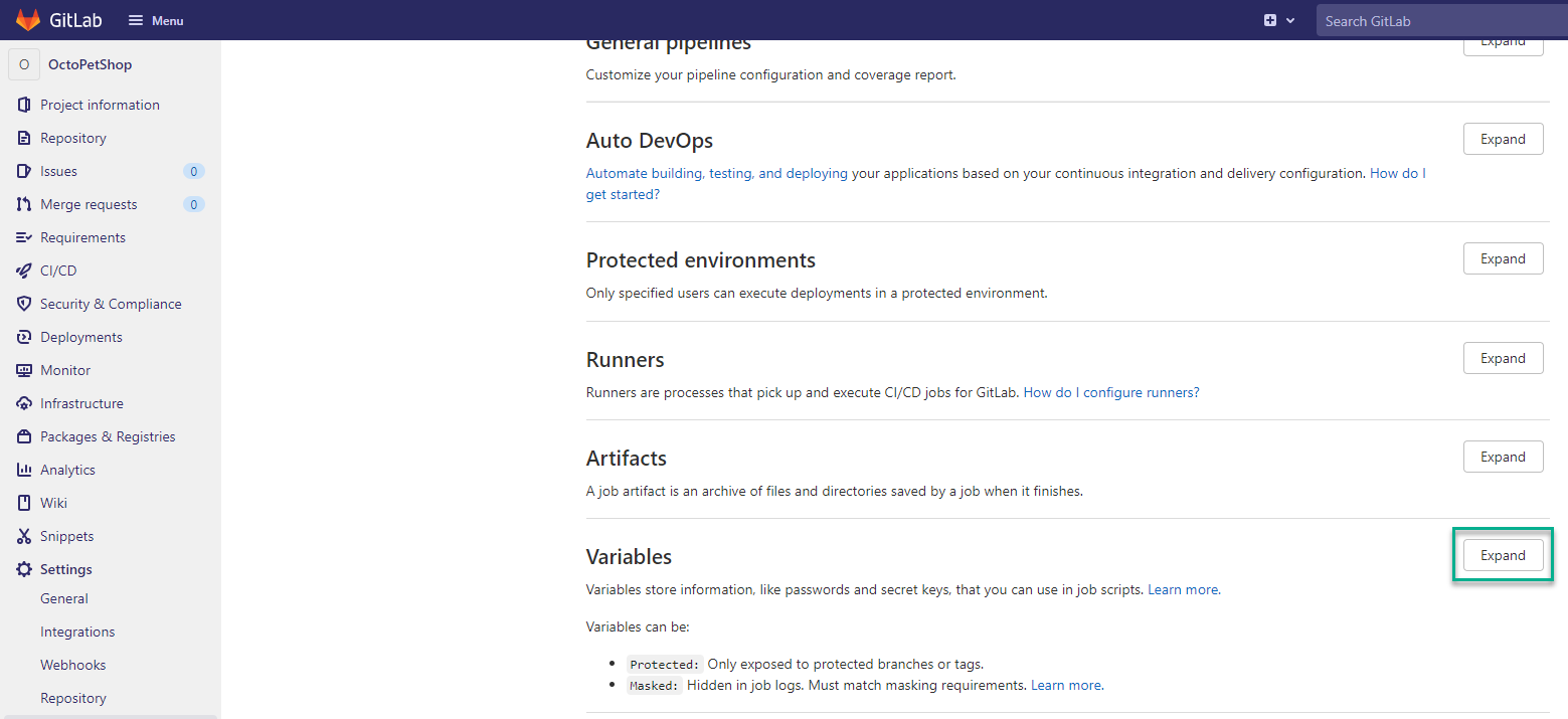 GitLab dashboard open with the Expand button highlighted in the Variables section.