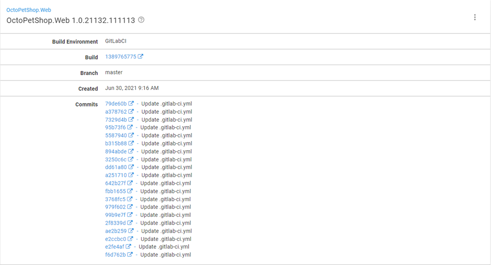 Octopus Build Information Repository dashboard showing build information for OctoPetShop.Web with list of commits.