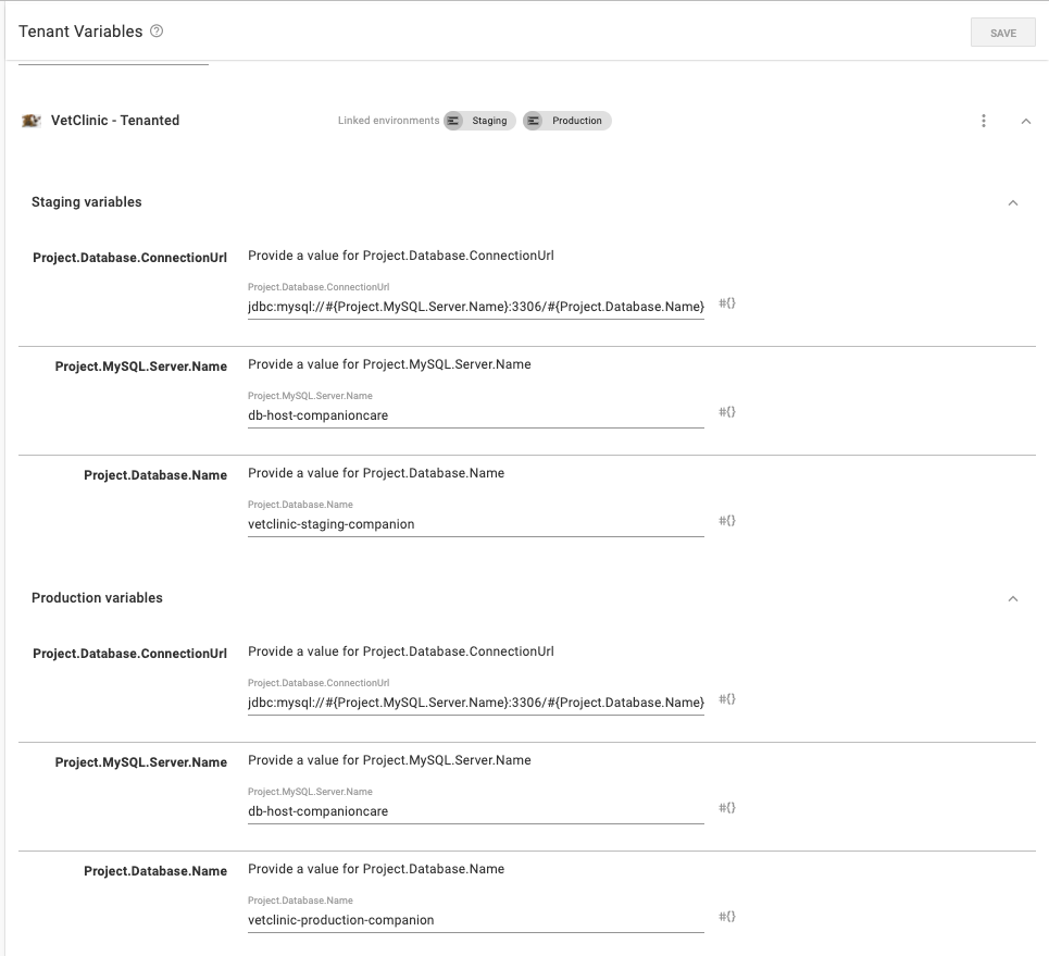 Vet Clinic tenant variable values