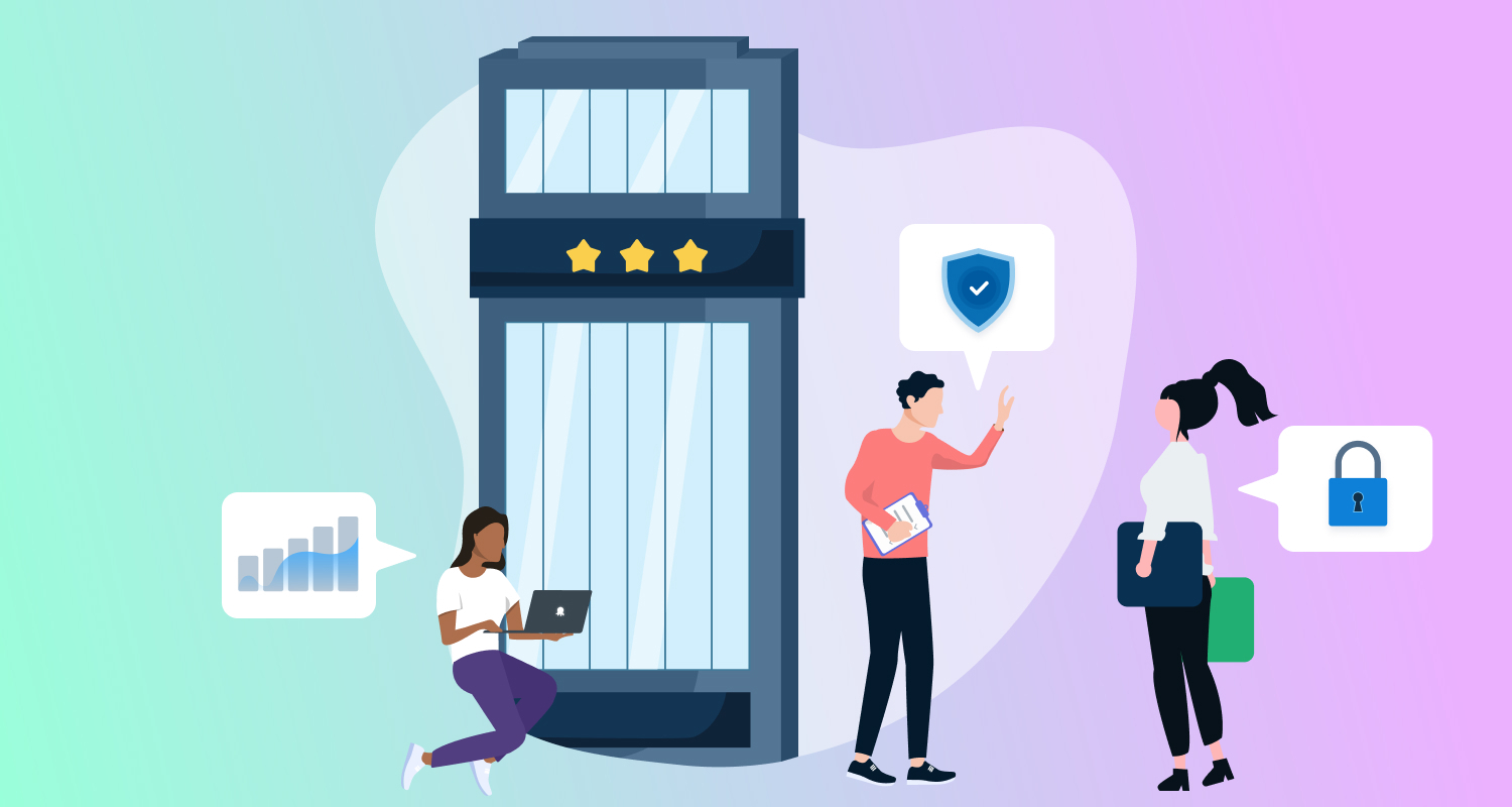 People in front of a building with icons around them representing security and data.