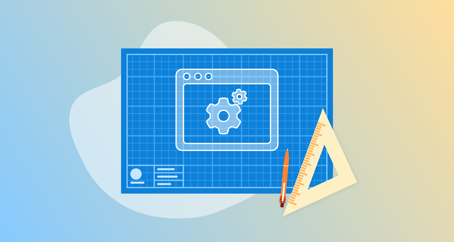 A blueprint, set square, and mechanical pencil. The blueprint depicts an app window with two cogs.
