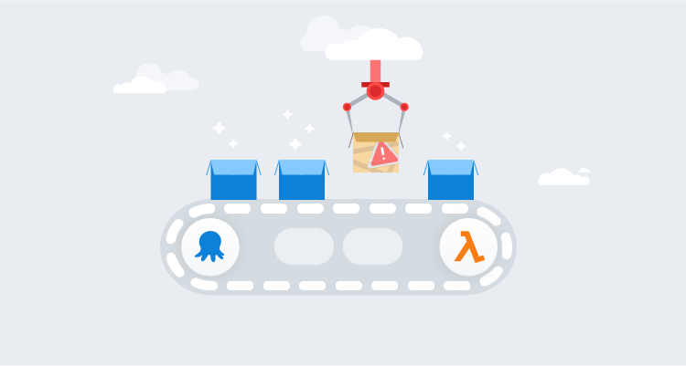 Boxes representing deployments between Octopus and AWS on a conveyer belt, with a failed deployment box marked with a cross being removed by a claw