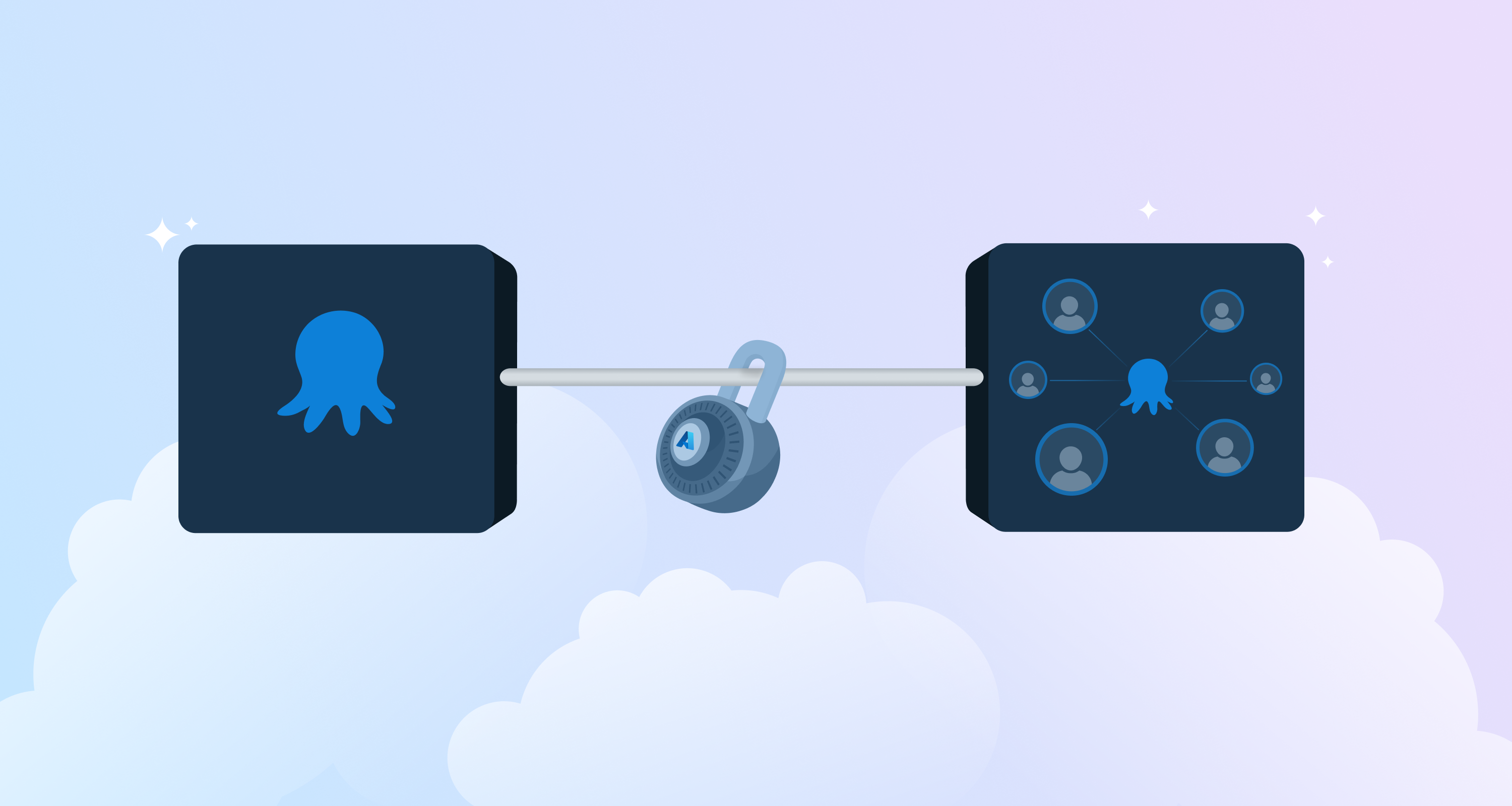Octopus Deploy connecting securely to user teams through private network infrastructure with a padlock symbolizing secure connectivity.