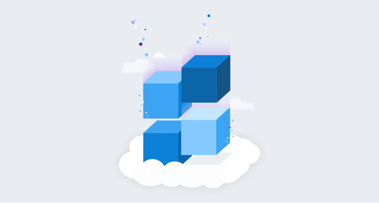 Four blue 3D boxes on a cloud represent the Azure App Service logo, with one slightly higher container falling into place.