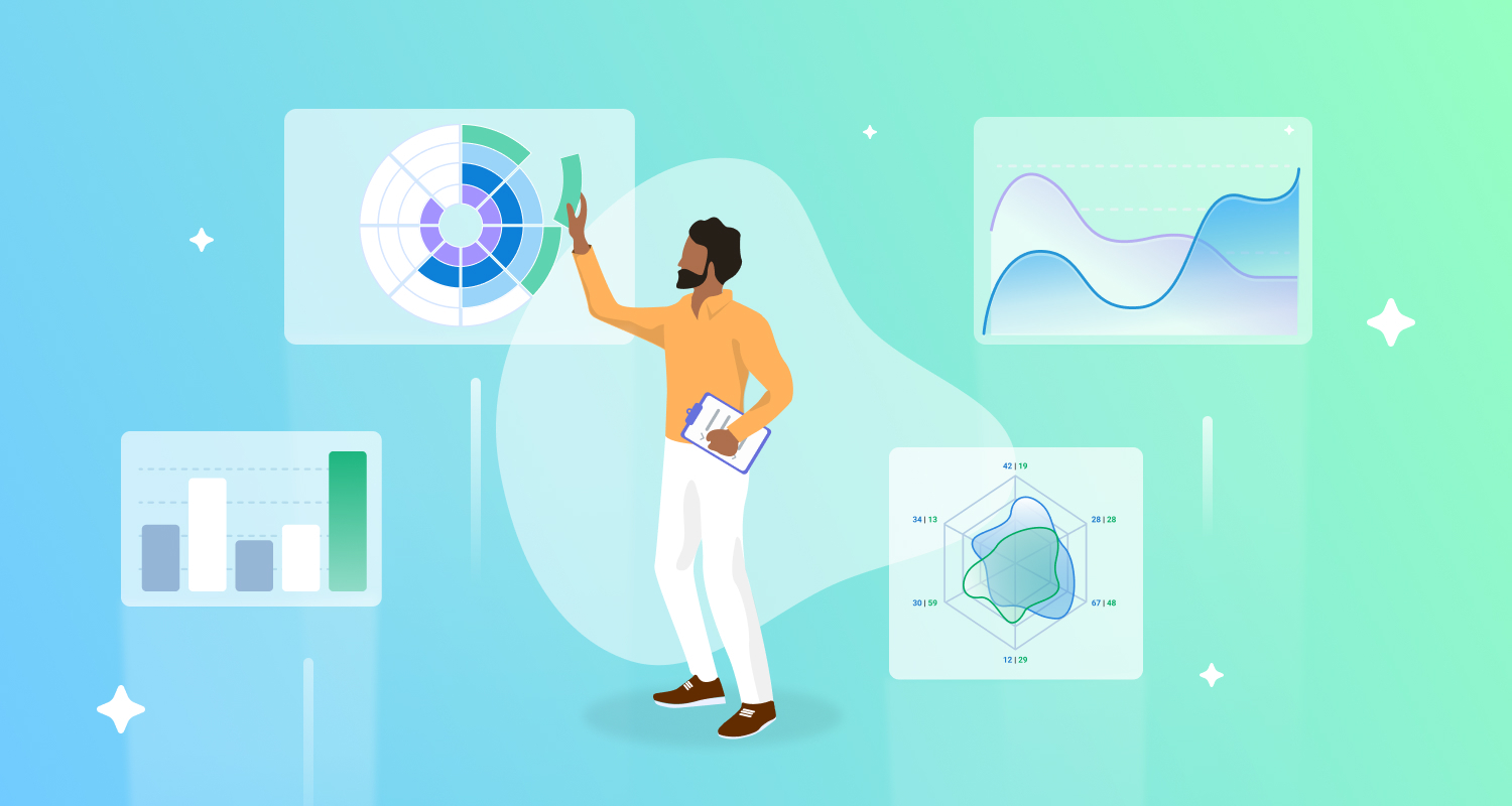 Person standing in front of floating rectangles that contain different metrics.