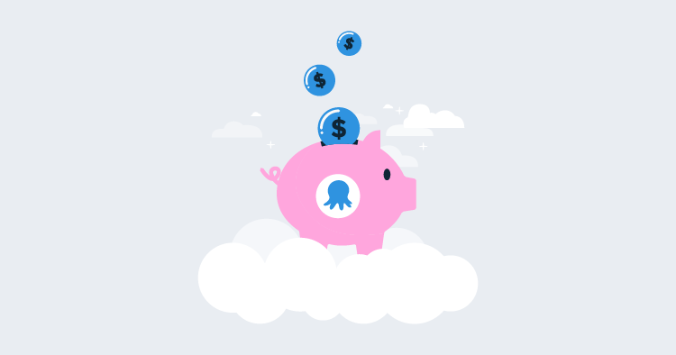 An Octopus branded piggy bank filling up with coins.