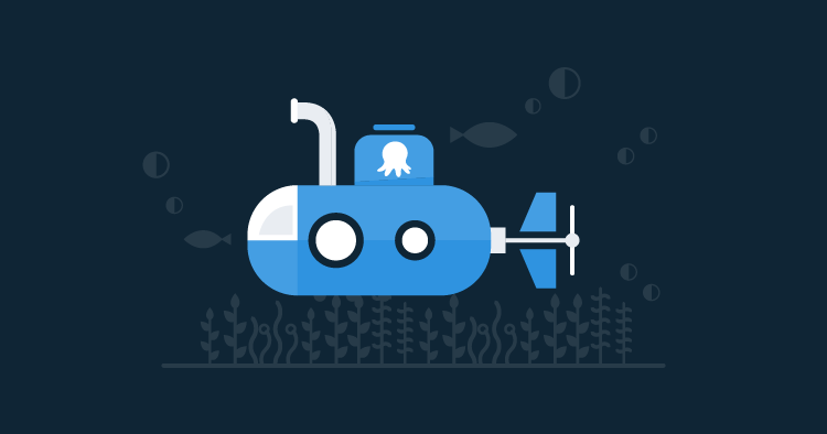 A blue submarine traveling through the deep ocean.