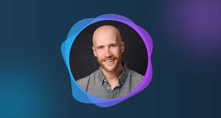 A photograph of Matt Gowie surround by a circular blue and purple frame.