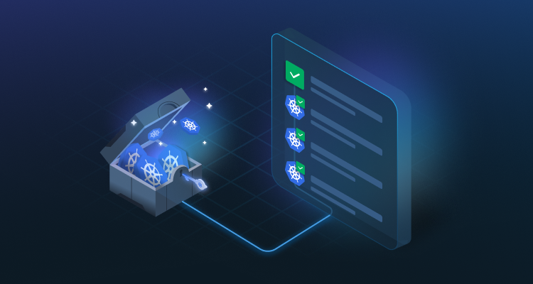 Illustration of a box with Kubernetes logos, connected via a line to a screen displaying a ticked checklist of best practices, against a dark blue gradient background.