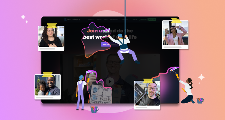 Painters painting and revealing the careers webpage, with sticky notes around the image featuring photos of Octopus employees.