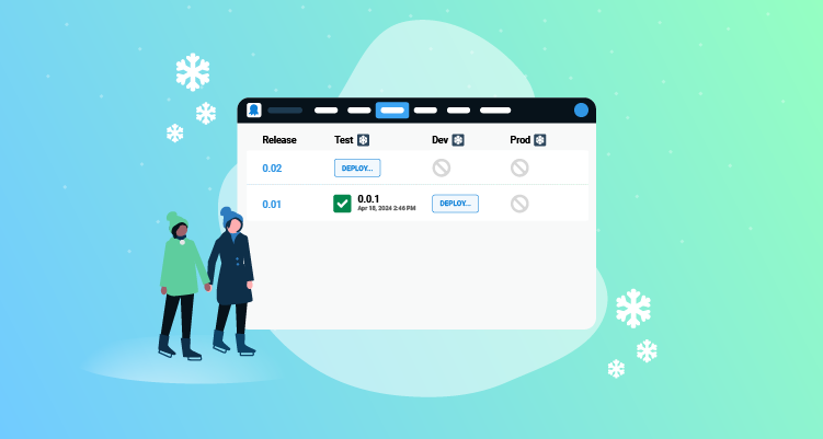 Two people looking at an Octopus Deploy interface showing deployment versions with a winter theme and snowflakes.