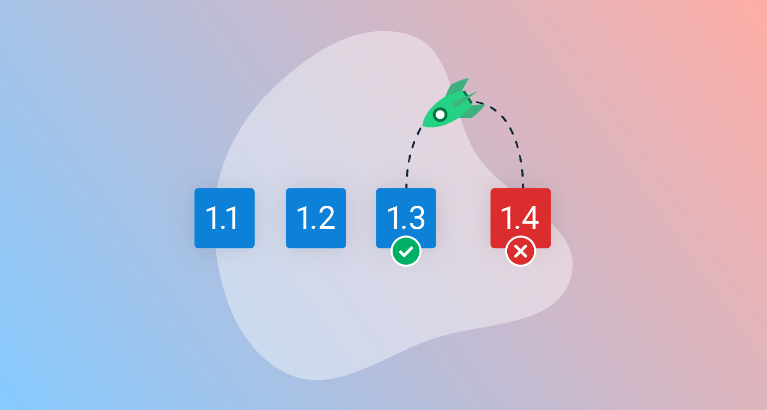 4 release boxes labelled 1.1 to 1.4, the 3rd with a green tick, 4th on fire with a red cross. A rocket travels back from 1.4 to 1.3.