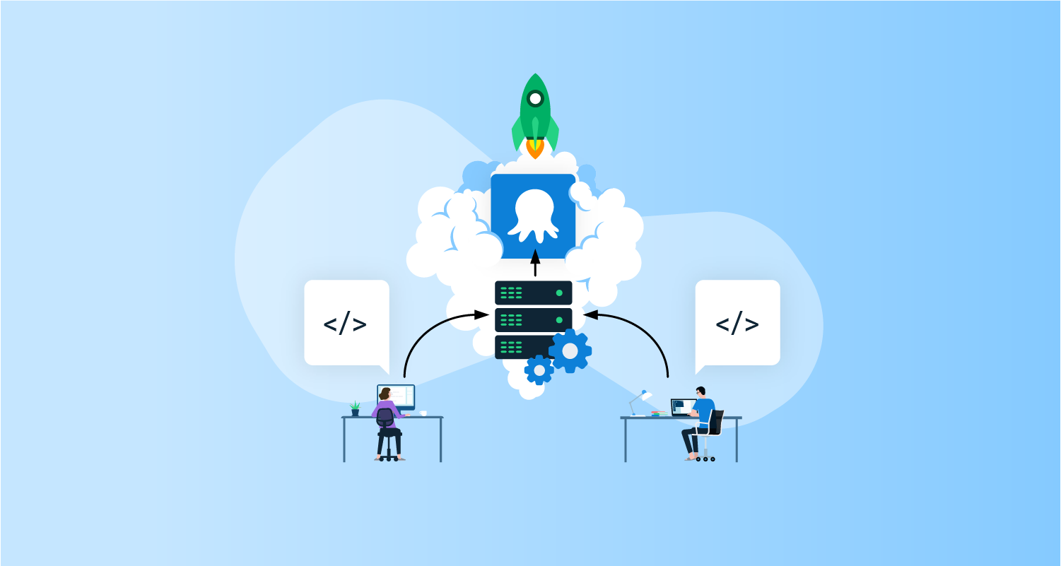 2 people writing code on laptops with arrows to a build server, then an arrow to the Octopus logo in a cloud, and a rocket launching