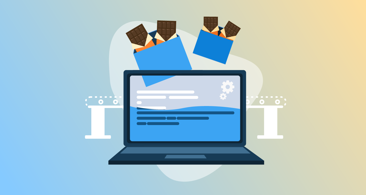 Open laptop sits in front of a conveyer belt with blocks of chocolate above it.