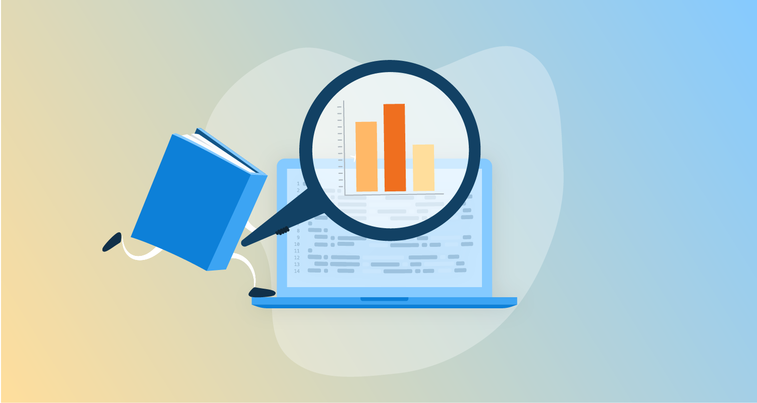 A magnifying glass highlights a chart on a dashboard