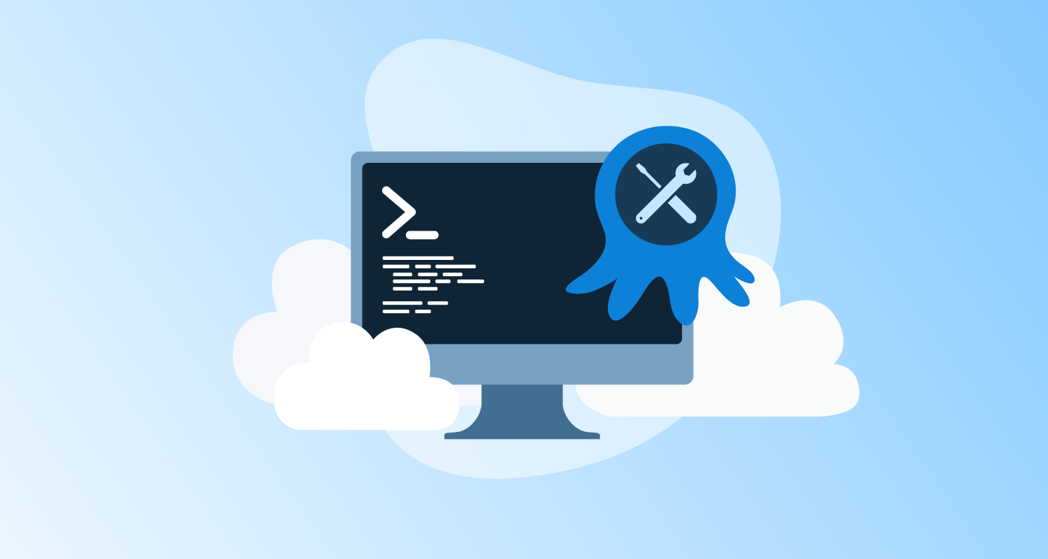 Desktop screen in the clouds with an Octopus Deploy logo in front of it.