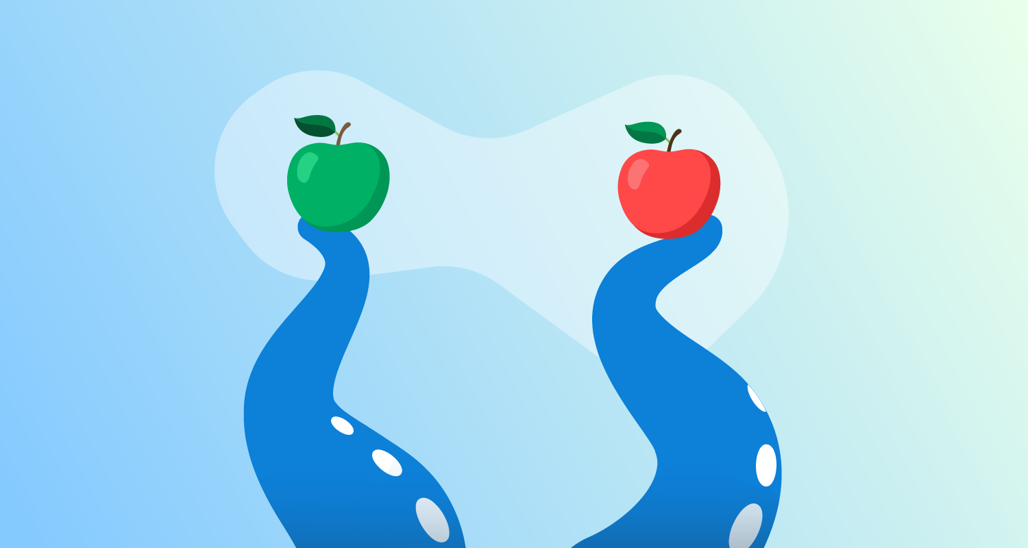 Two blue Octopus tentacles, one holding a red apple, and one holding a green apple.
