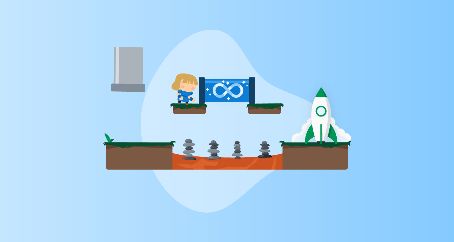 Mario-style Explorer Sarah about to enter a tunnel (automated deployment process) above a rickety pile of stones (manual deployment). A rocket to the right awaits (signalling successful deployment).