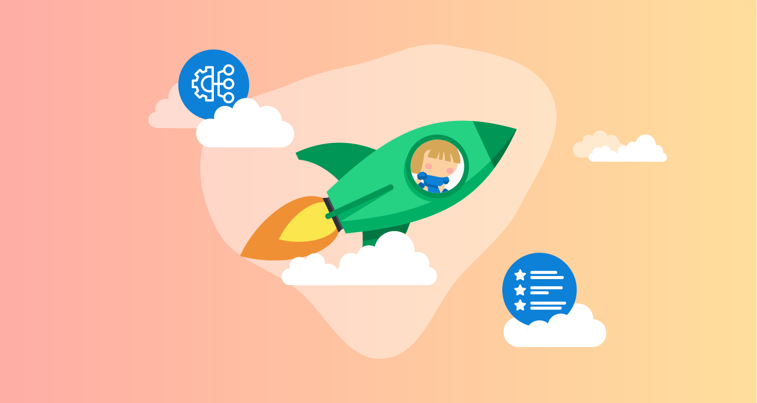 Mario-style explorer Sarah flying through the sky in a rocket, with icons in the clouds representing features and integrations.