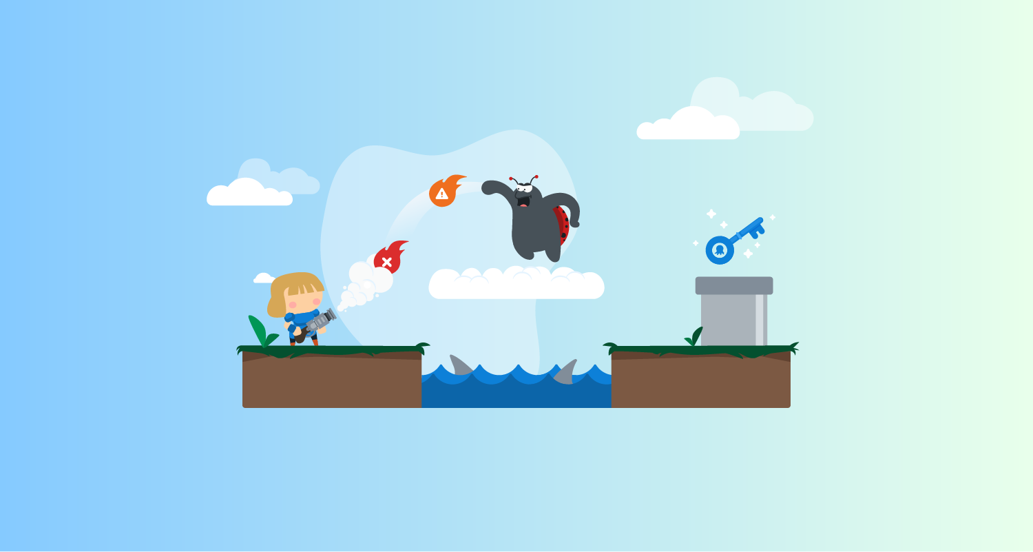 Mario-style illustration with Sarah winning a fight with a creature over shark infested waters.