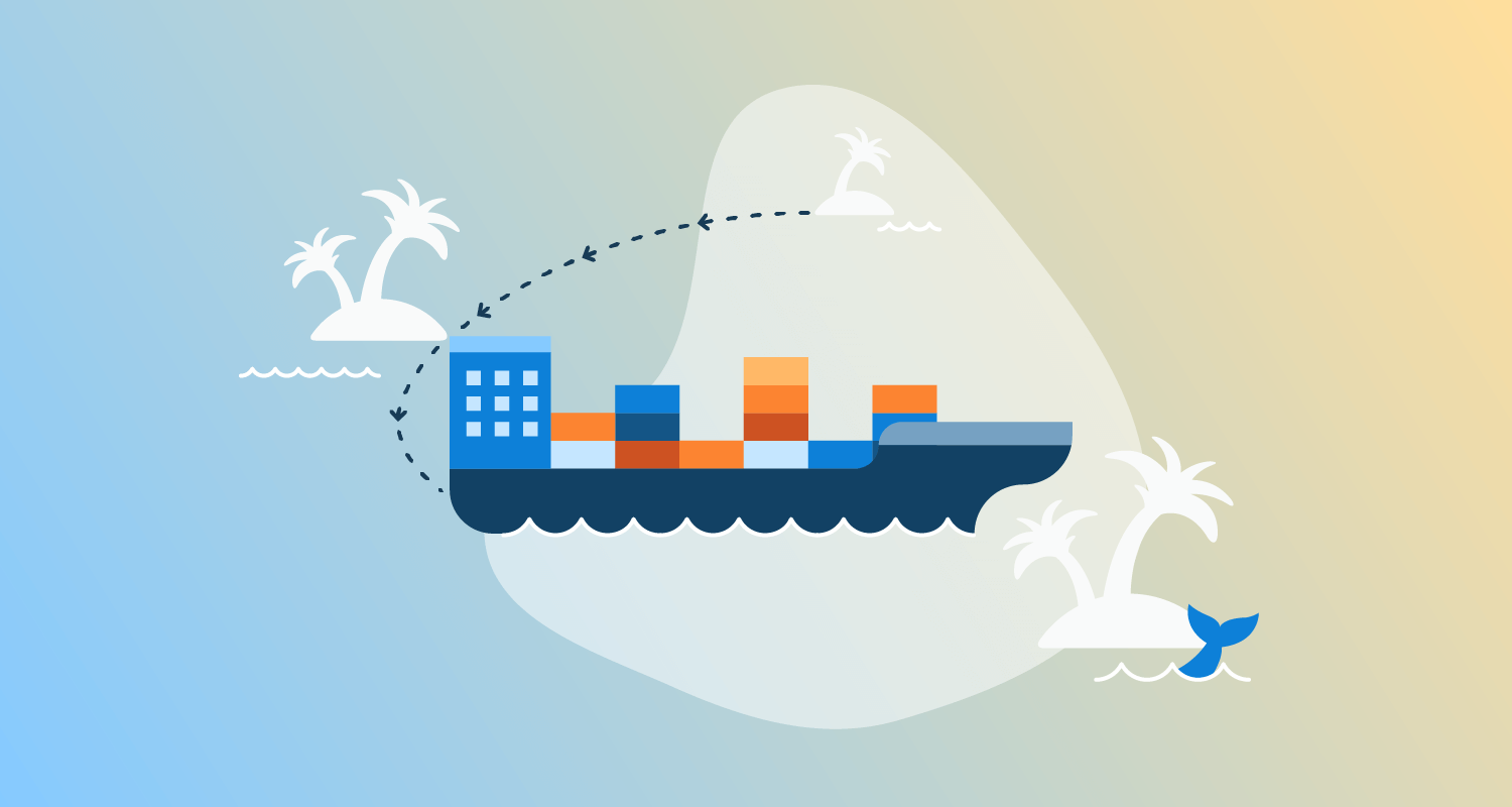 A map with a boat with shipping containers sailing between islands which represent environments.