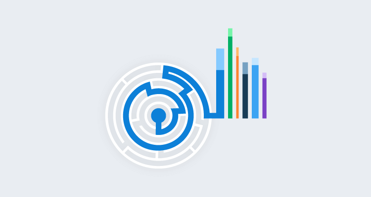 Circular maze with blue line starting in the center leading to the exit, next to a bar graph with six columns of differing widths and heights.