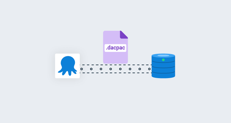 A purple package that says DACPAC traveling between the Octopus Deploy logo and a blue server on a conveyer belt.