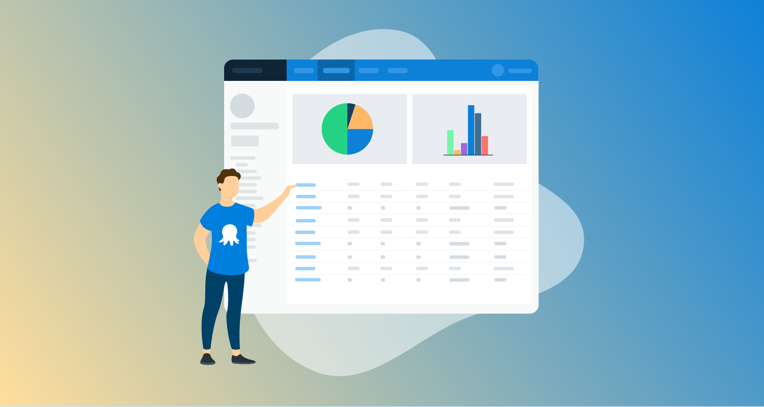 Person standing in front of a giant dashboard displaying a graph, pie chart, and data in a table.