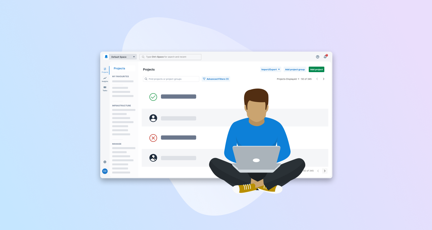 Person sitting cross-legged with laptop in front of oversized, stylized Octopus UI.