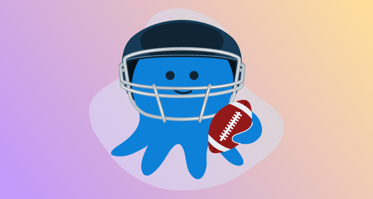 Octopus character wearing a gridiron helmet holding a football.