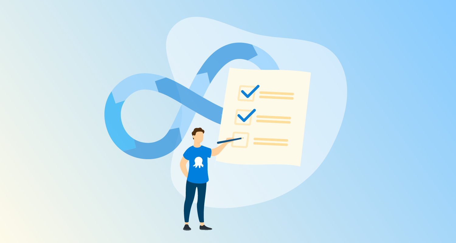 Person with a checklist stands in front of DevOps infinity symbol.