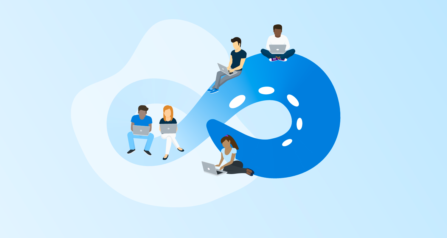 Blue octopus tentacle shaped like the DevOps infinity loop, with people on laptops sitting on and around the tentacle.