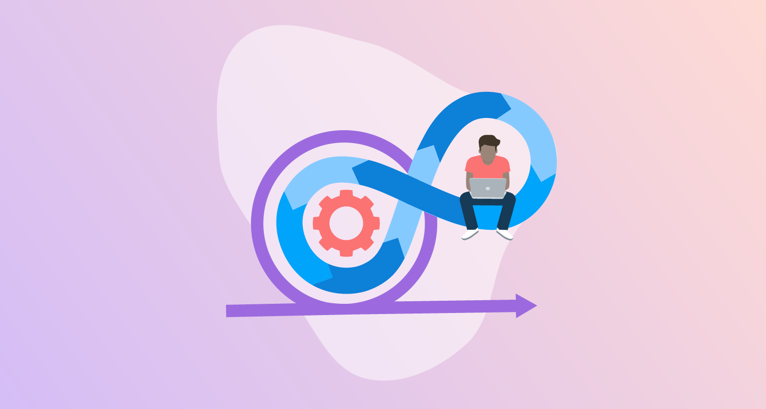 Person on laptop sits on one loop of the DevOps infinity symbol.