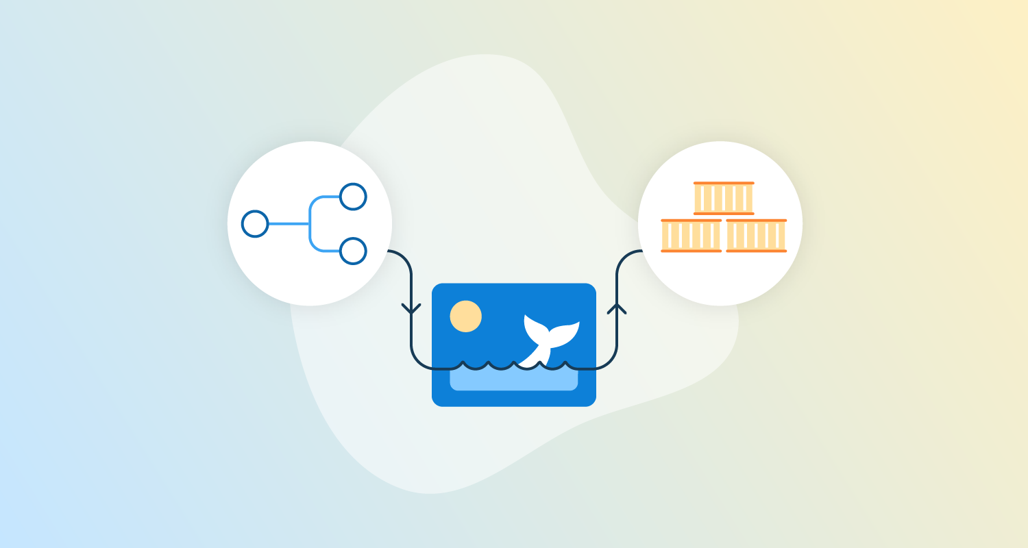 Illustration of a workflow connected to an illustration representing Docker connected to illustration representing ECR.
